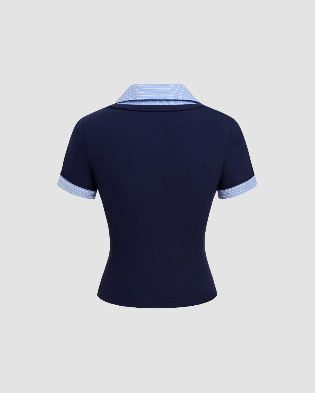 V-Neck Collared Layered Look Fitted Knit Top in Navy Blue - Image 3