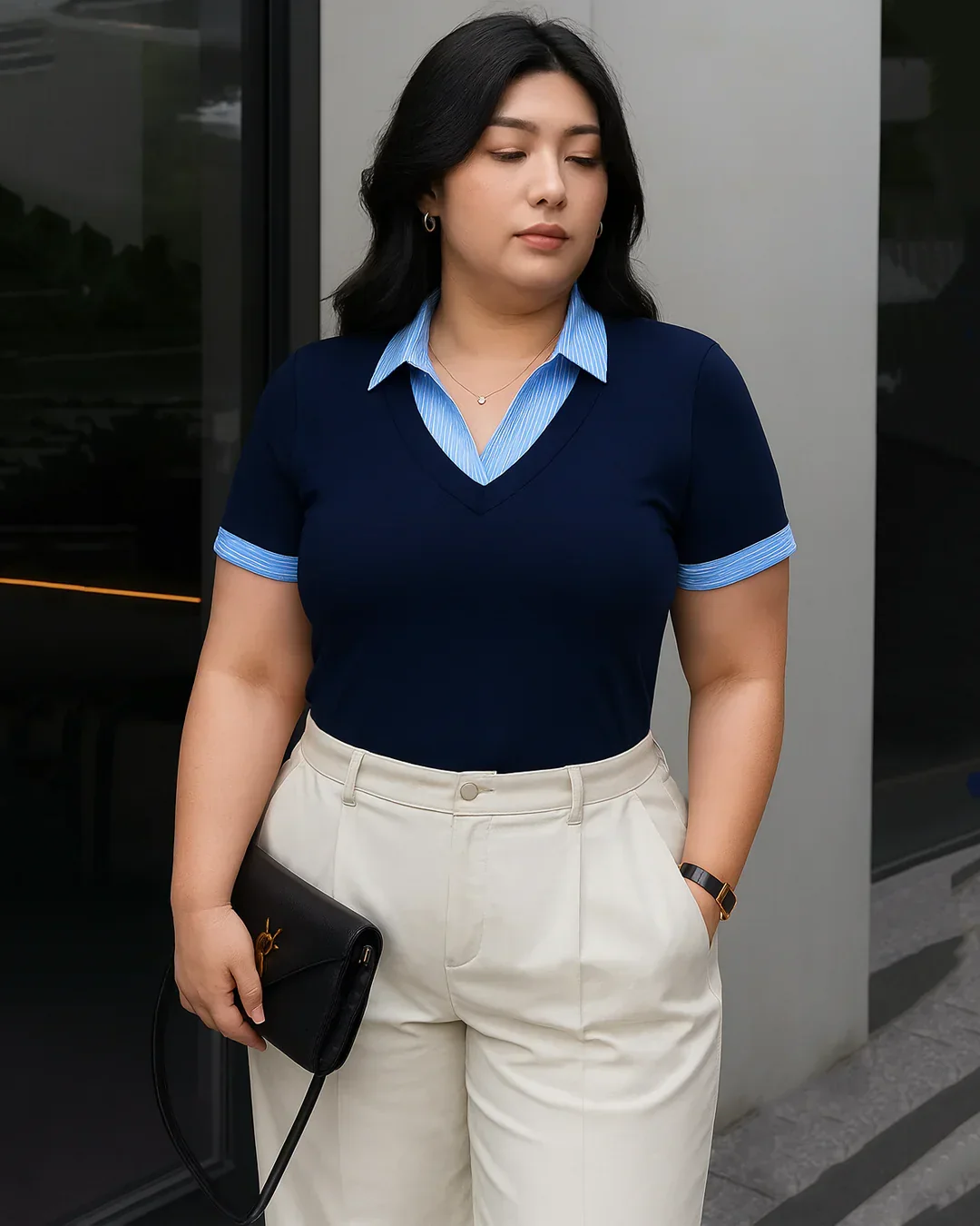 Contrast Collar V-Neck Knit Fitted Top in Navy Blue Curve & Plus - Image 3