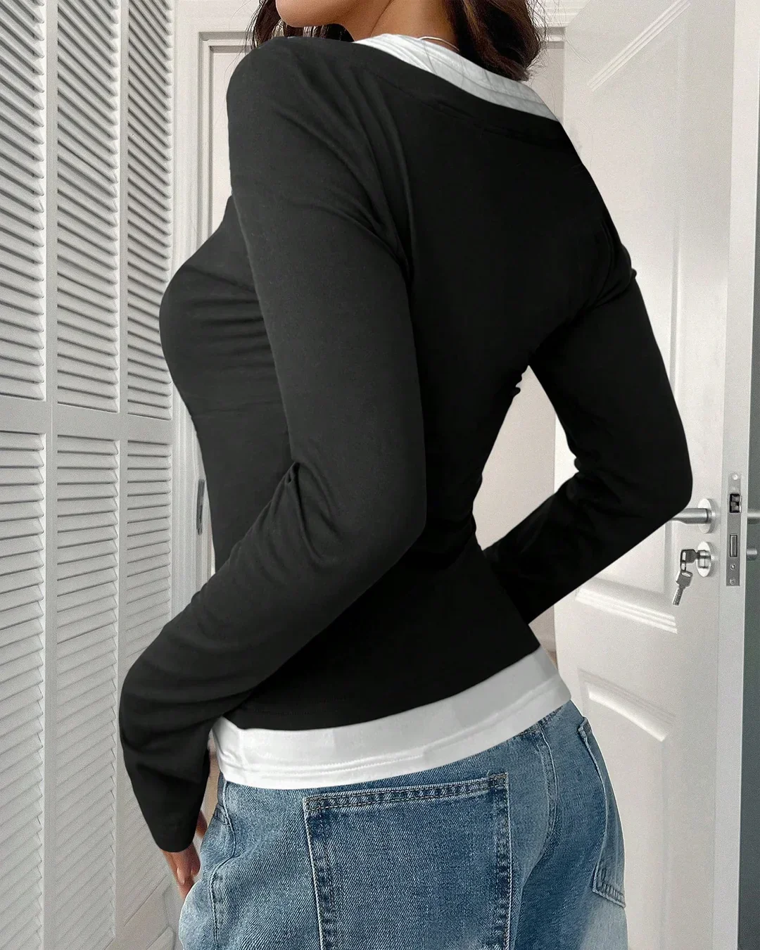 Contrast Layered Style Long Sleeve Button-Front Casual Top - Image 3