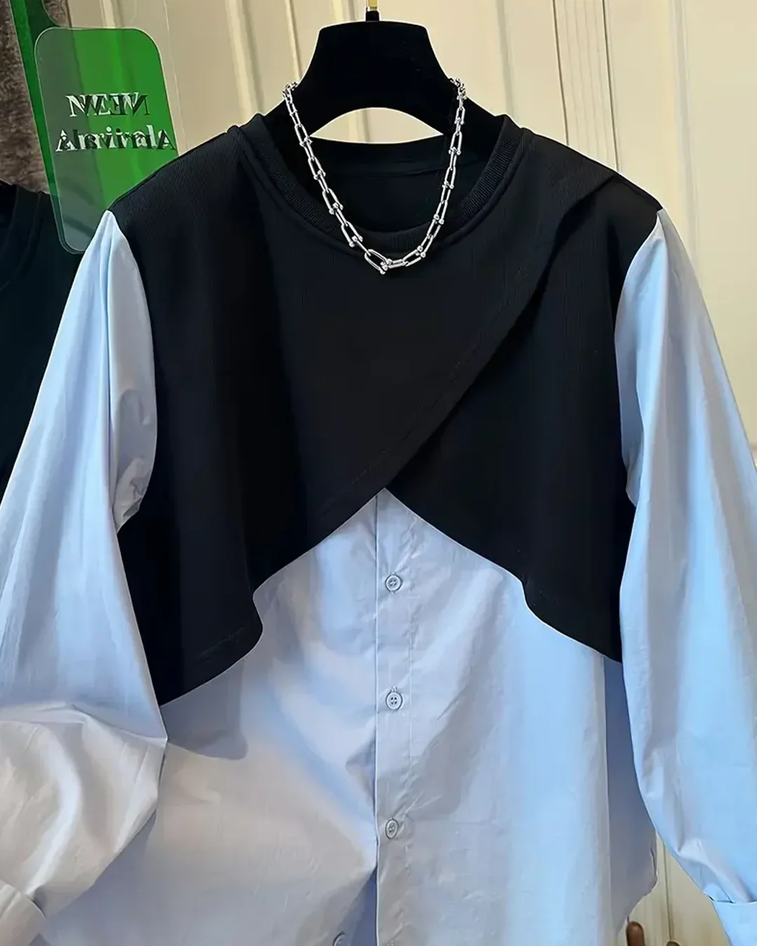 Contrast Panel Button Down Layered Full Sleeve Top - Image 2
