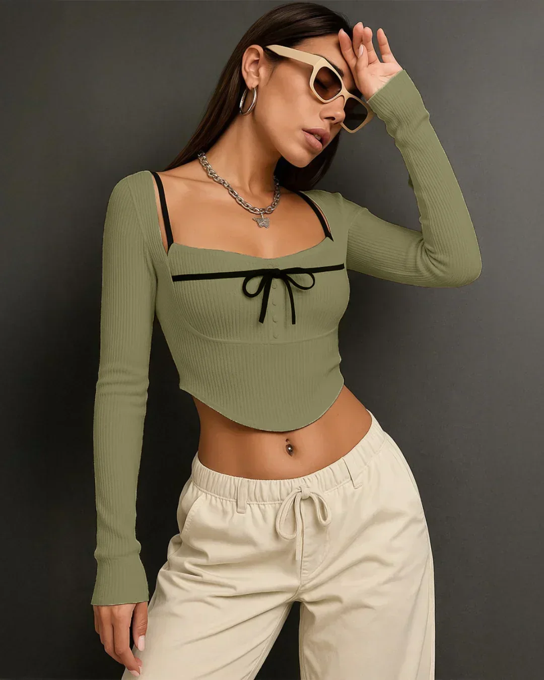 Contrast Trim Long Sleeve Sage and Black Top - Image 3