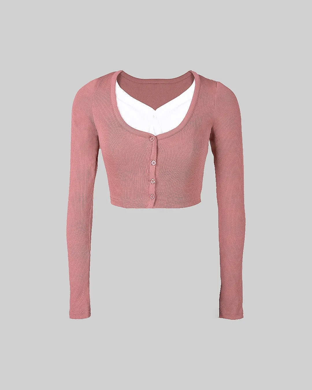 Contrast Trim Pink & White V Neck Full Sleeve Top