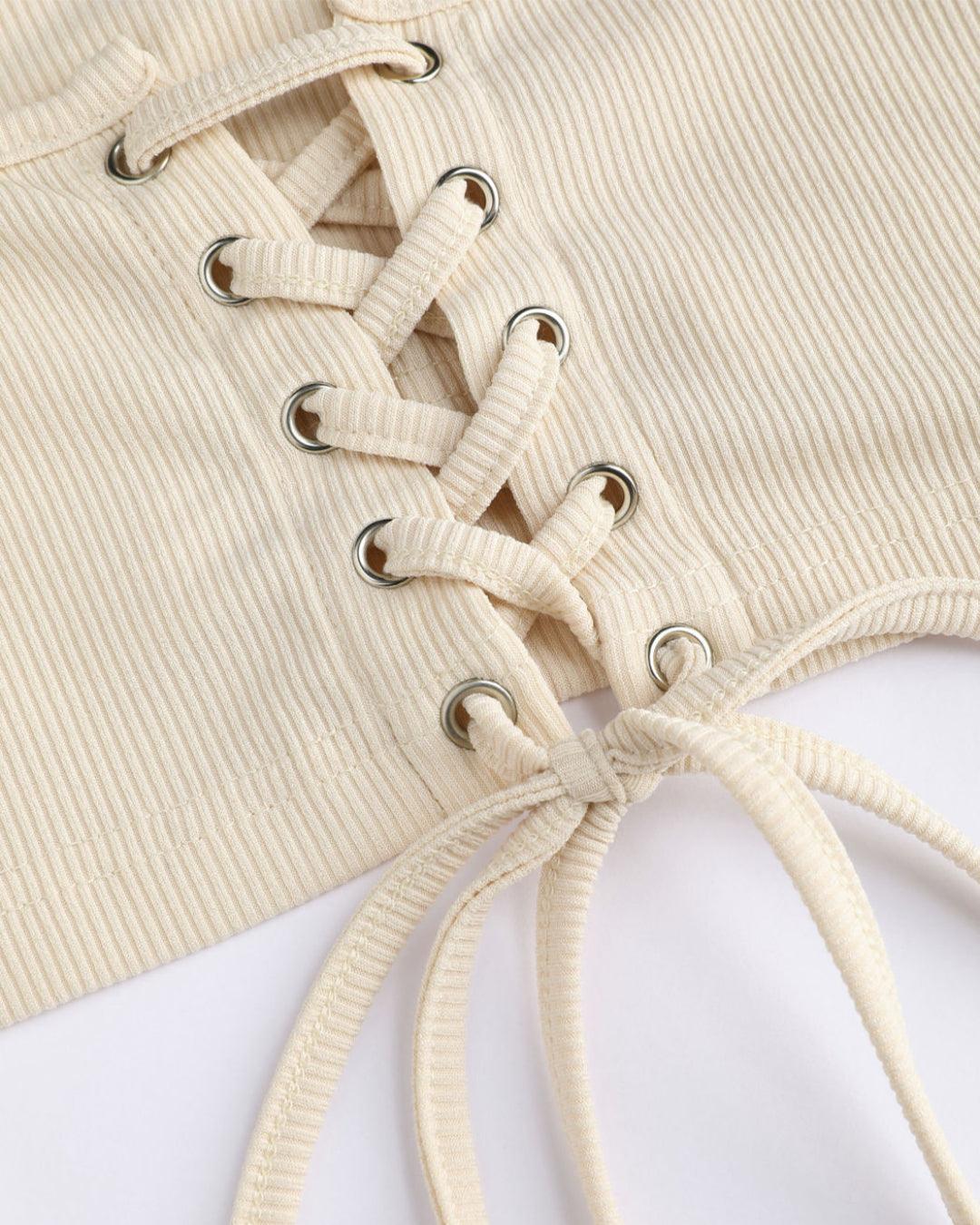 Corset Style Tie Around Full Sleeve Ribbed Apricot Top - Image 3