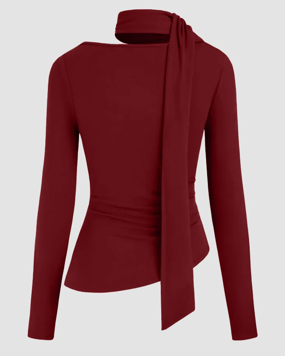 Cowl Neck Asymmetrical Hem Ruched Top in Maroon - Image 2