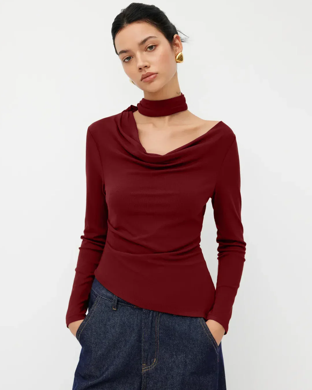 Cowl Neck Asymmetrical Hem Ruched Top in Maroon - Image 3