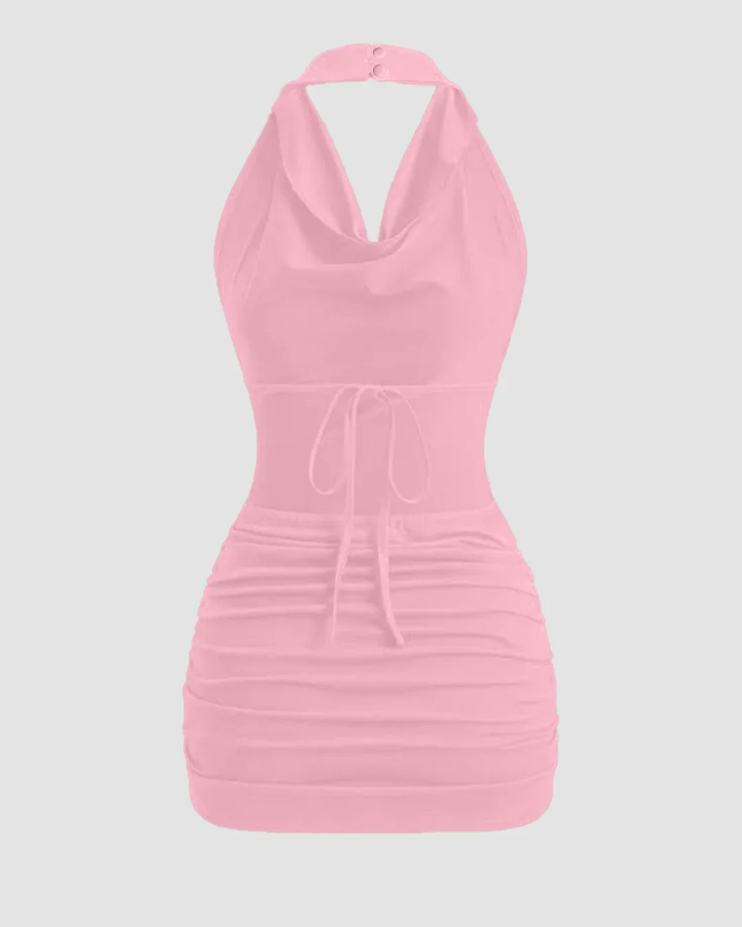 Cowl Neck Backless Tie Strap Sleeveless Sexy Bodycon Mini Dress in Rose Pink - Image 2