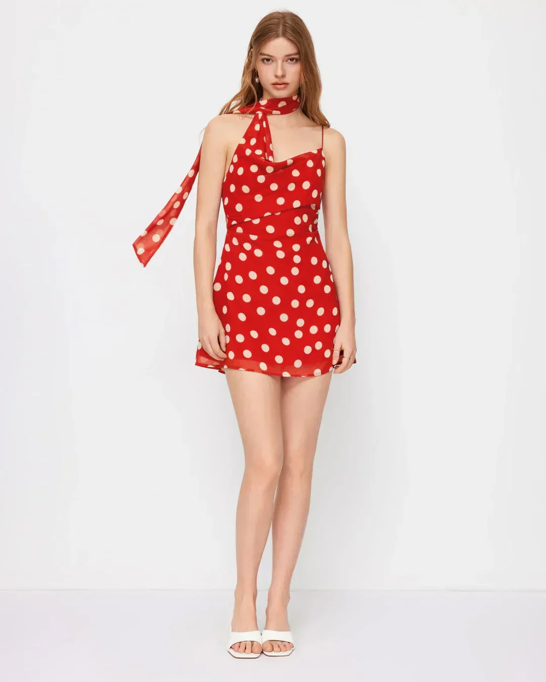 Cowl Neck Polka Dot Ruched Mini Cami Dress with scarf - Image 3