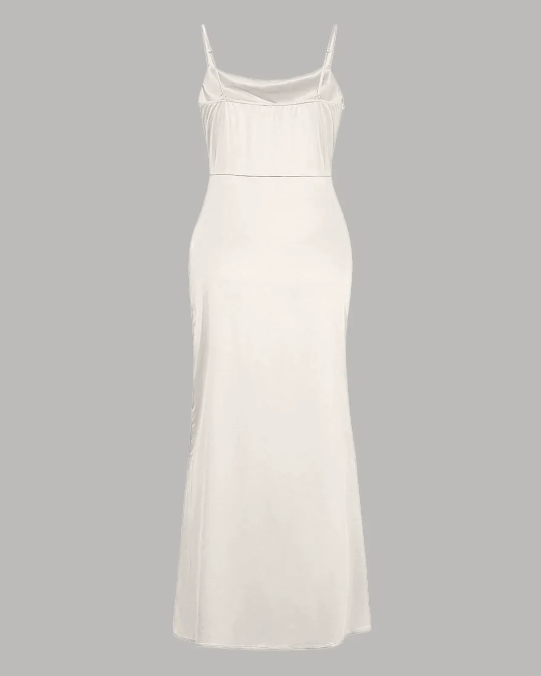Cowl Neck Ruched Slit Sleeveless Satin Maxi Dress in Cream - Image 2