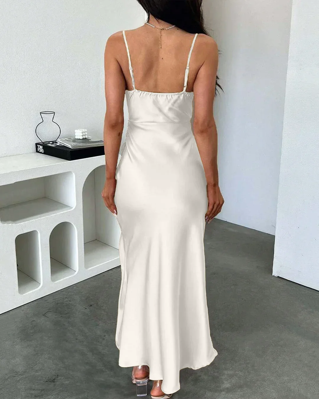 Cowl Neck Ruched Slit Sleeveless Satin Maxi Dress in Cream - Image 4