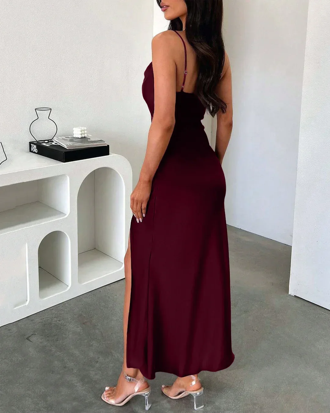 Ruched Cowl Neck Maxi Dress in Maroon - Image 4