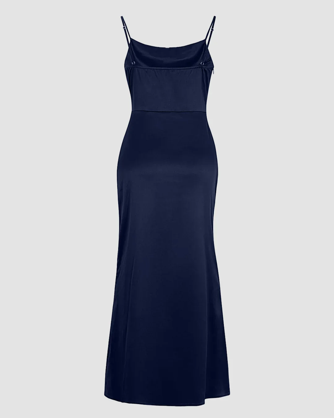 Cowl Neck Ruched Slit Sleeveless Satin Maxi Dress in Navy Blue - Image 2