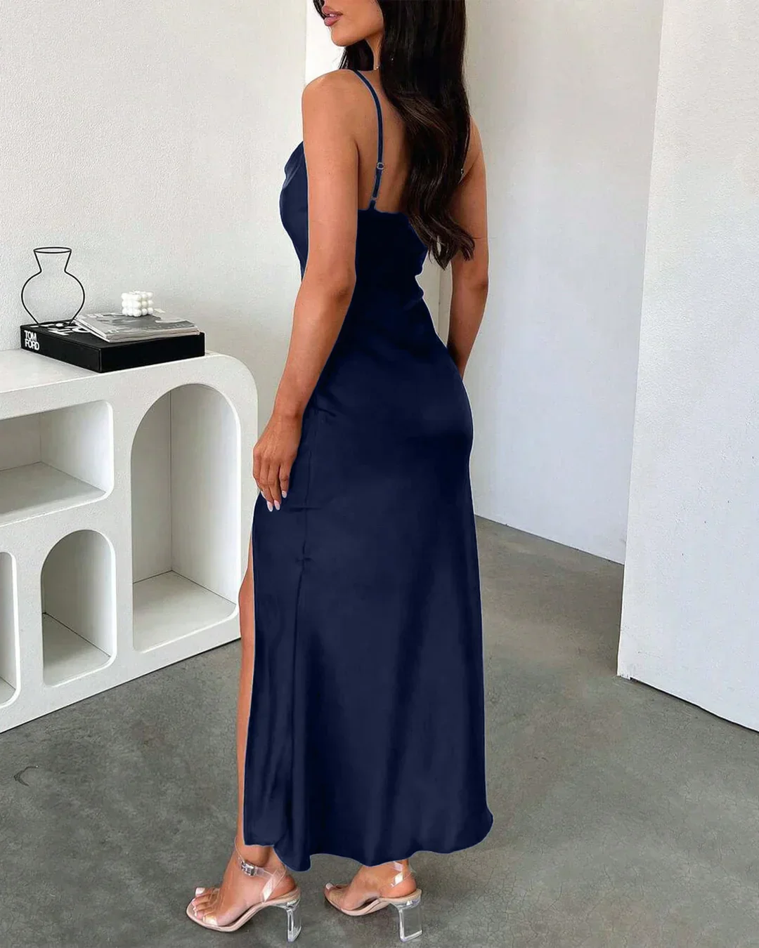 Cowl Neck Ruched Slit Sleeveless Satin Maxi Dress in Navy Blue - Image 4