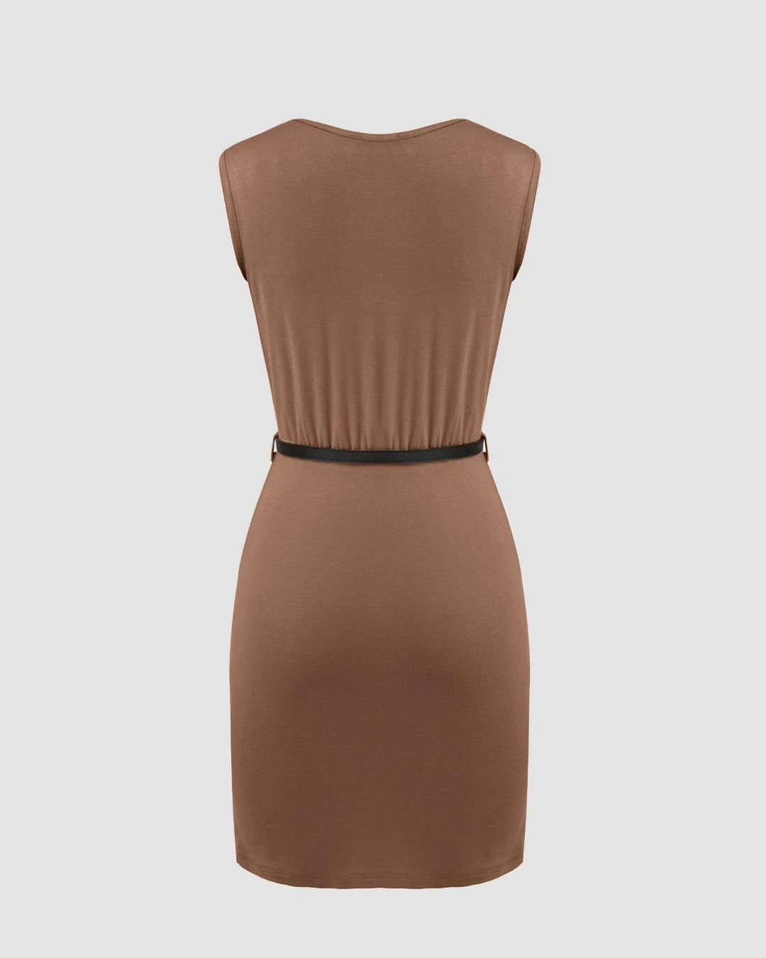 Cowl Neck Ruched Solid Mini Dress Without Belt In Brown - Image 2