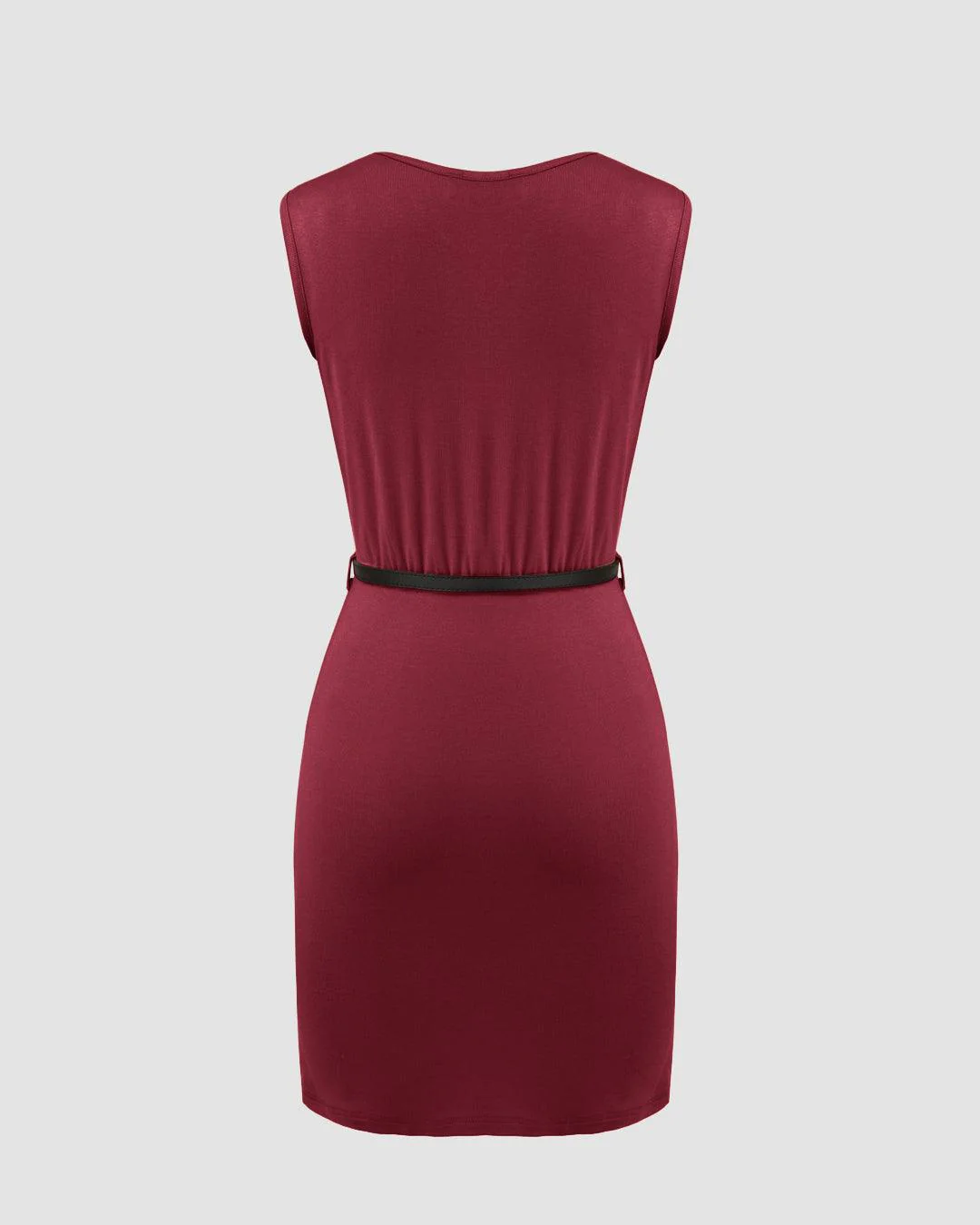 Cowl Neck Ruched Solid Mini Dress Without Belt In Maroon - Image 2