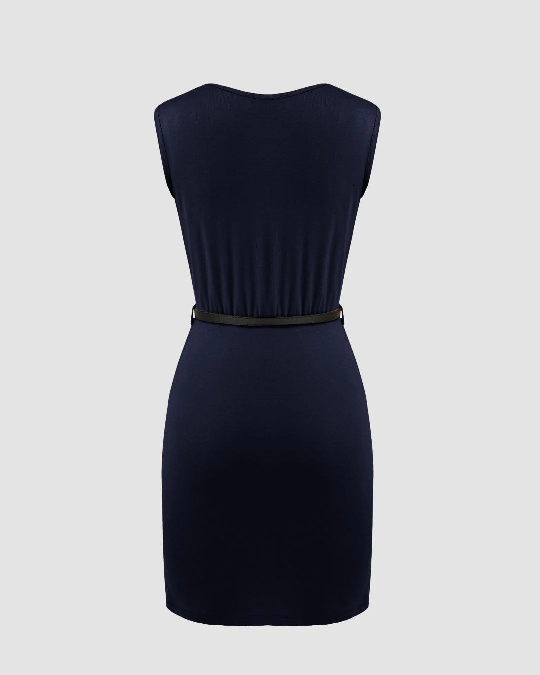 Cowl Neck Ruched Solid Mini Dress Without Belt In Navy Blue - Image 2