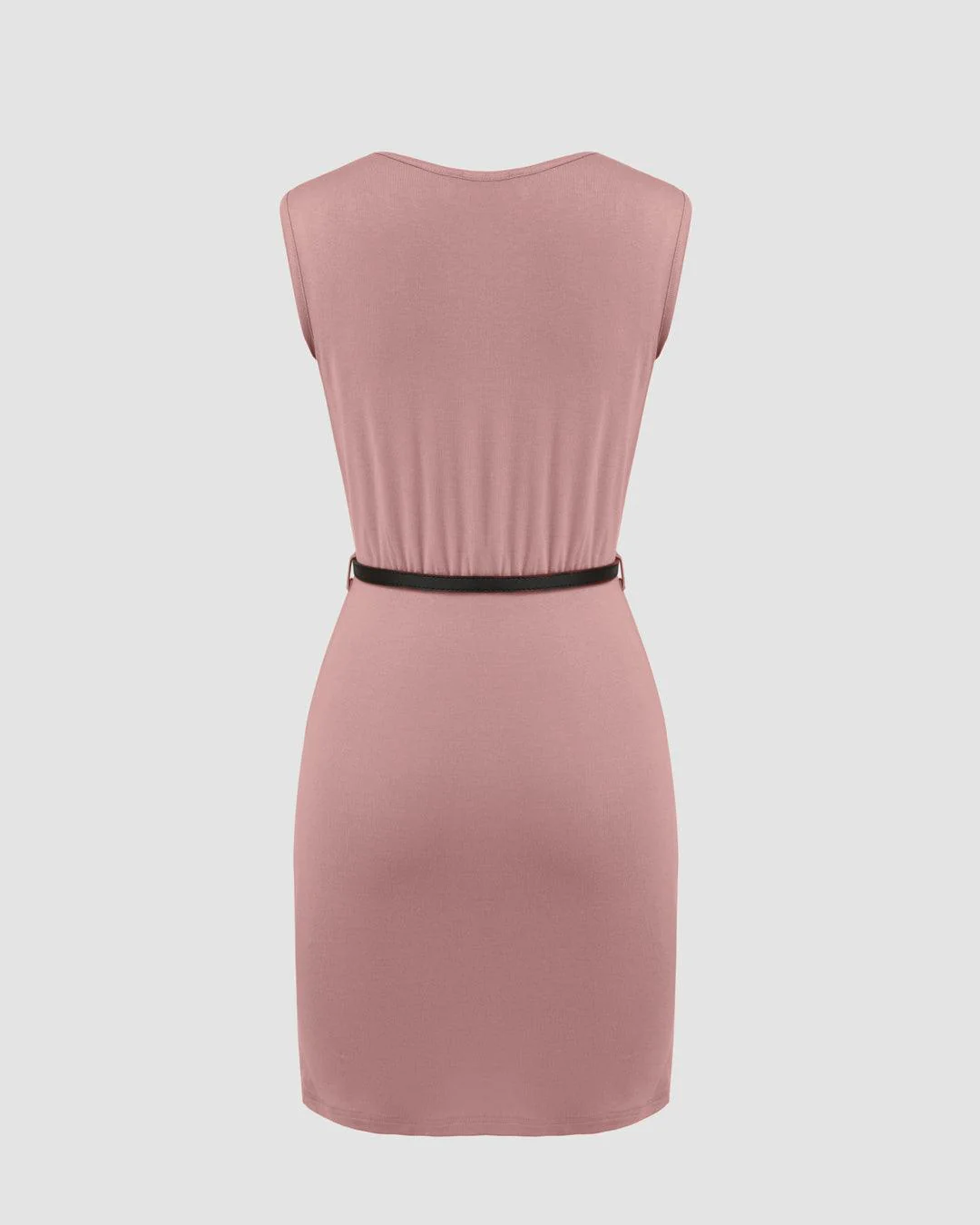 Cowl Neck Ruched Solid Mini Dress Without Belt In Pink - Image 2