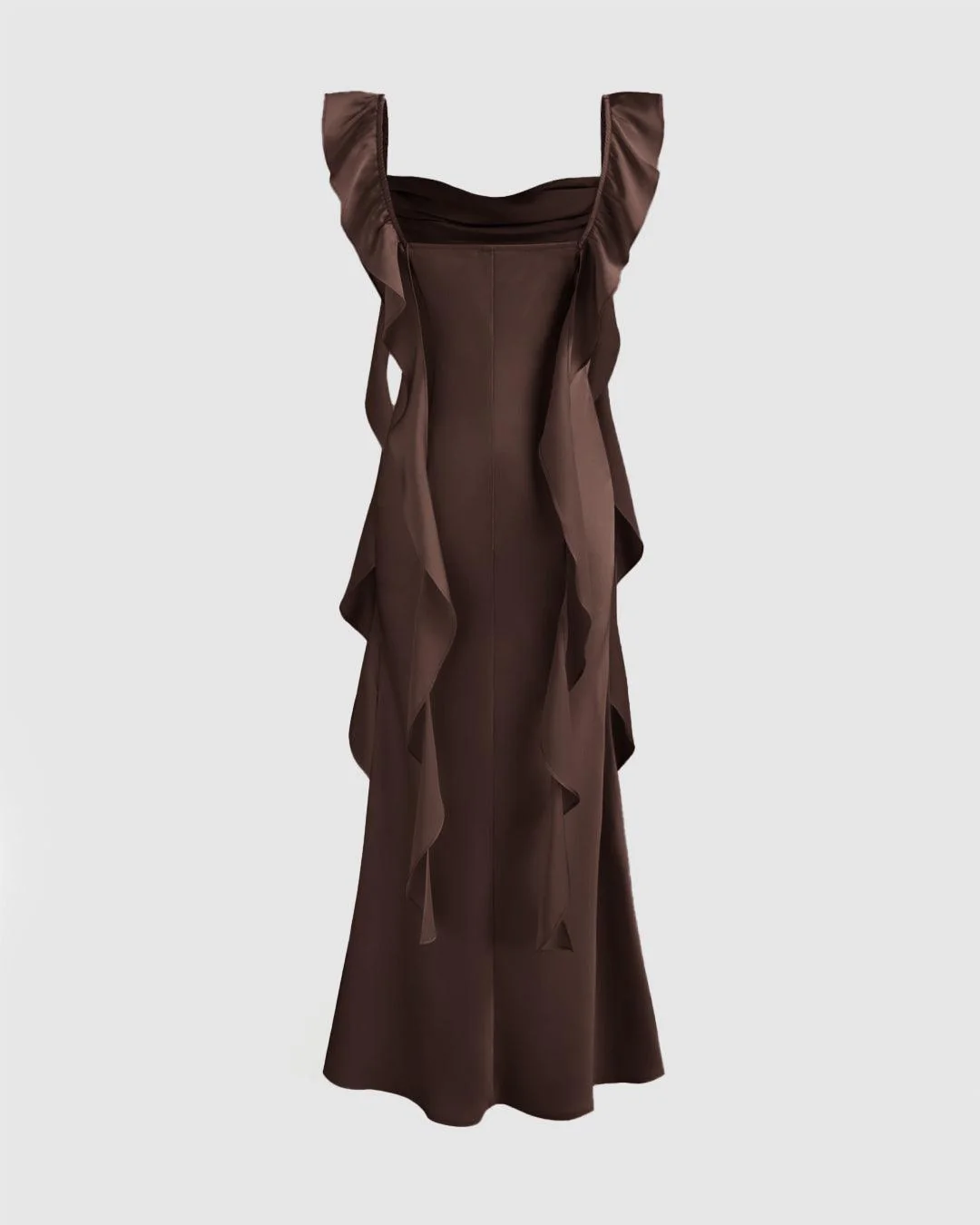 Cowl Neck Ruffle Satin Maxi Dress In Brown - Image 2