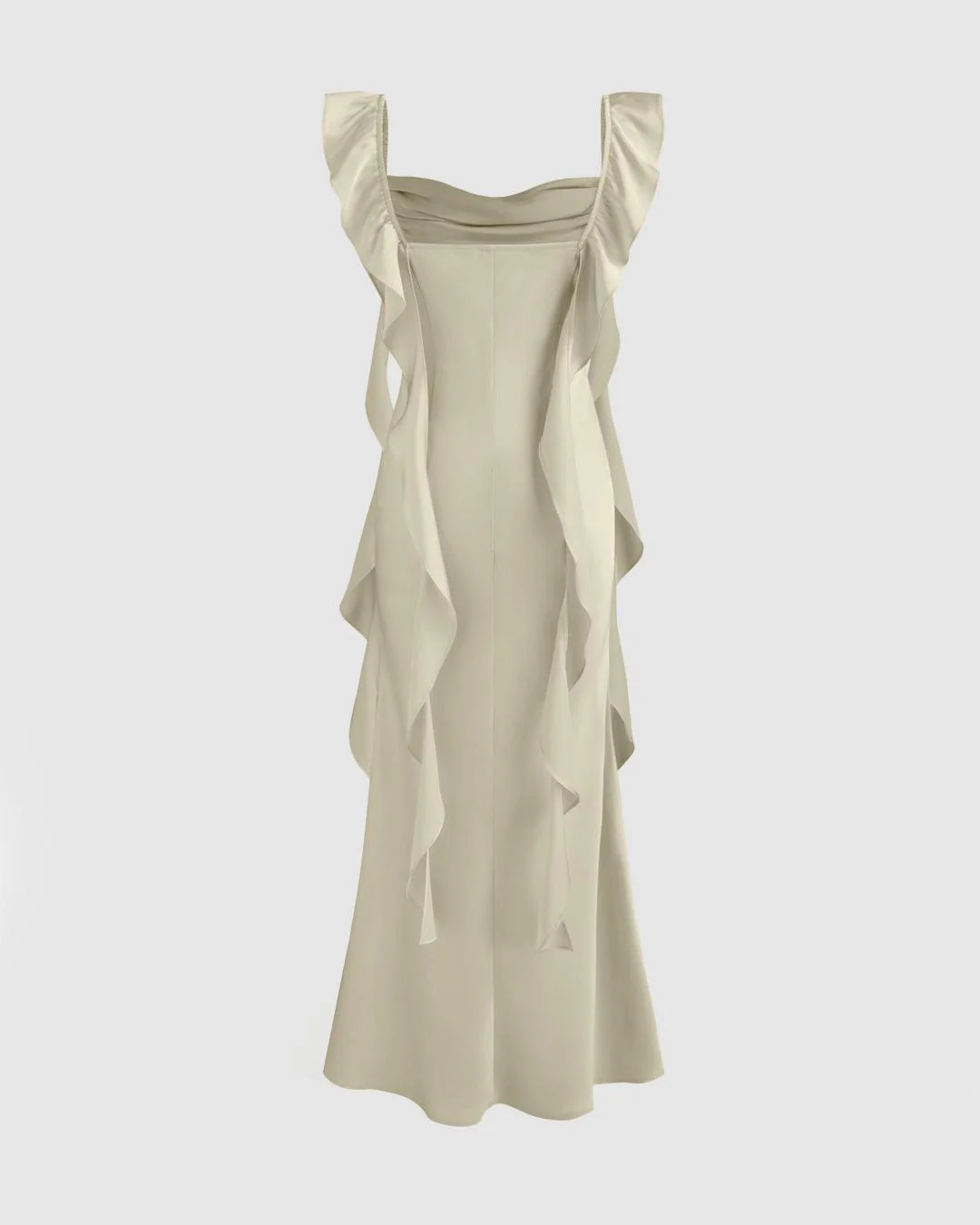 Cowl Neck Ruffle Satin Maxi Dress In Light Gold - Image 2