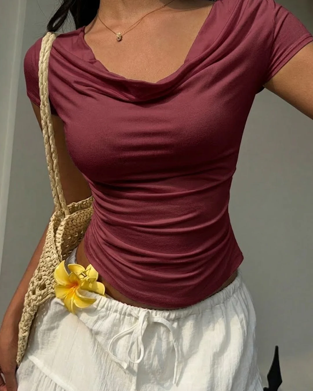 Cowl Neck Short Sleeve Ruffle Fitted Top in Maroon - Image 2