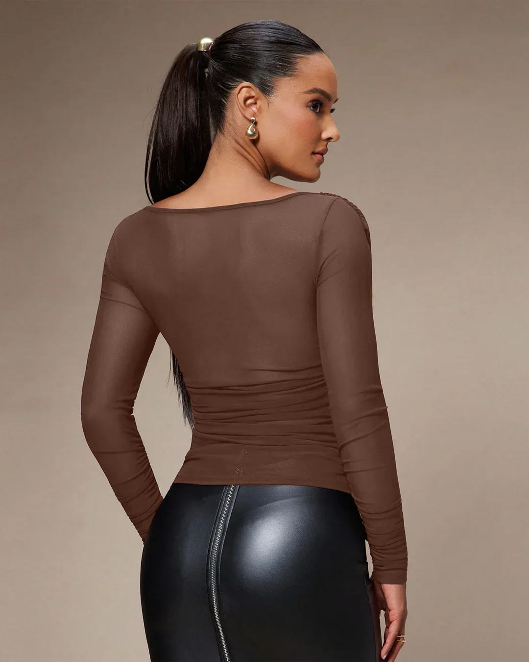 Cowl Neck Slim Fit Solid Full Sleeve Top in Coco - Image 2