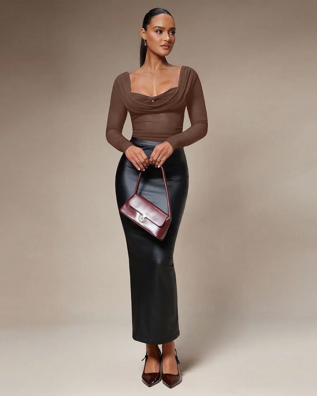 Cowl Neck Slim Fit Solid Full Sleeve Top in Coco - Image 3