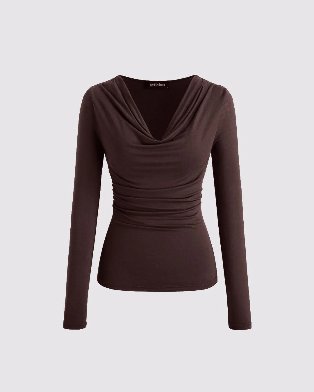 Cowl Neck Solid Ruched Long Sleeve Chocolate Brown Top - Image 4
