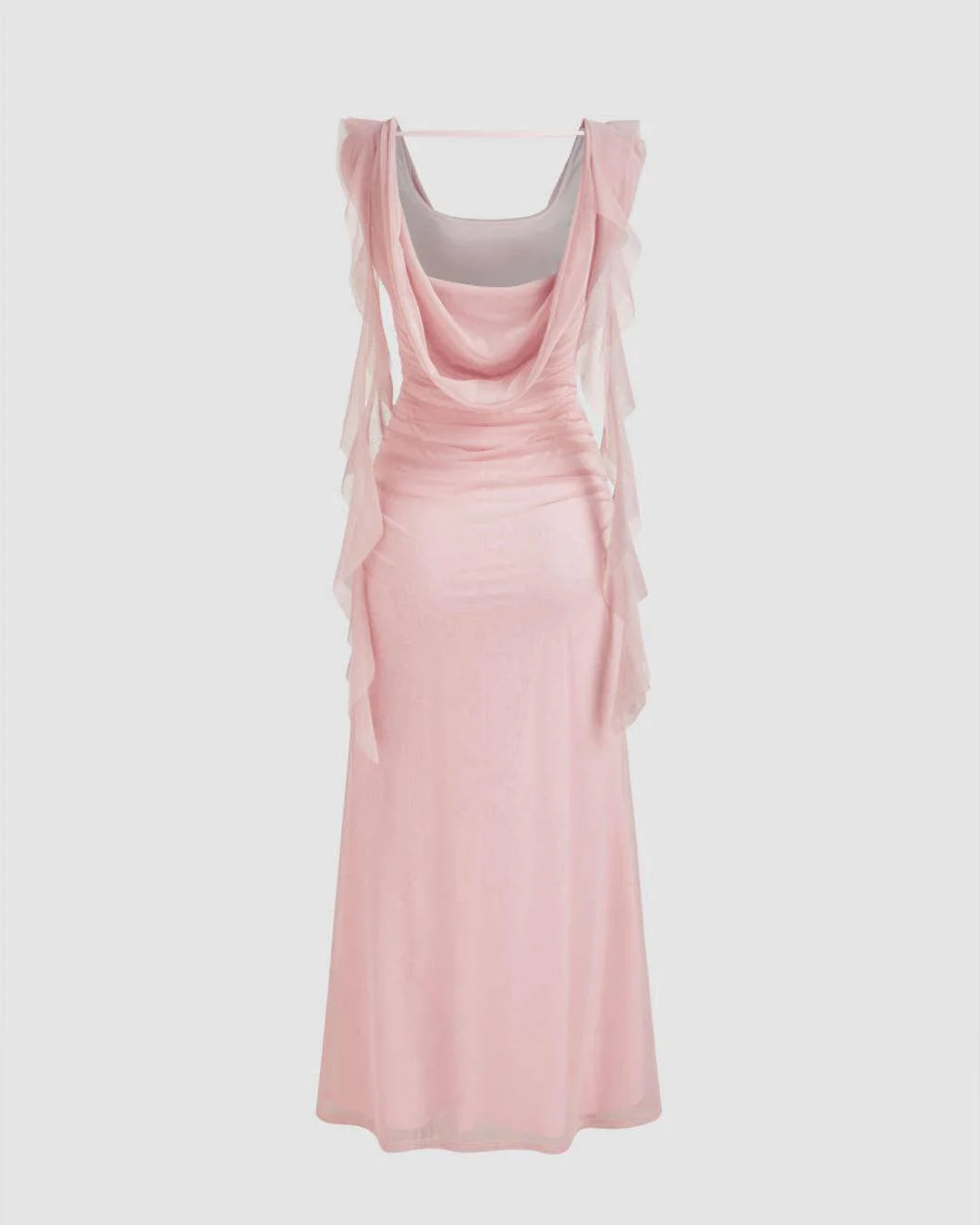 Cowl Neck Solid Ruffle Hem Ruched Maxi Dress In Pink - Image 3