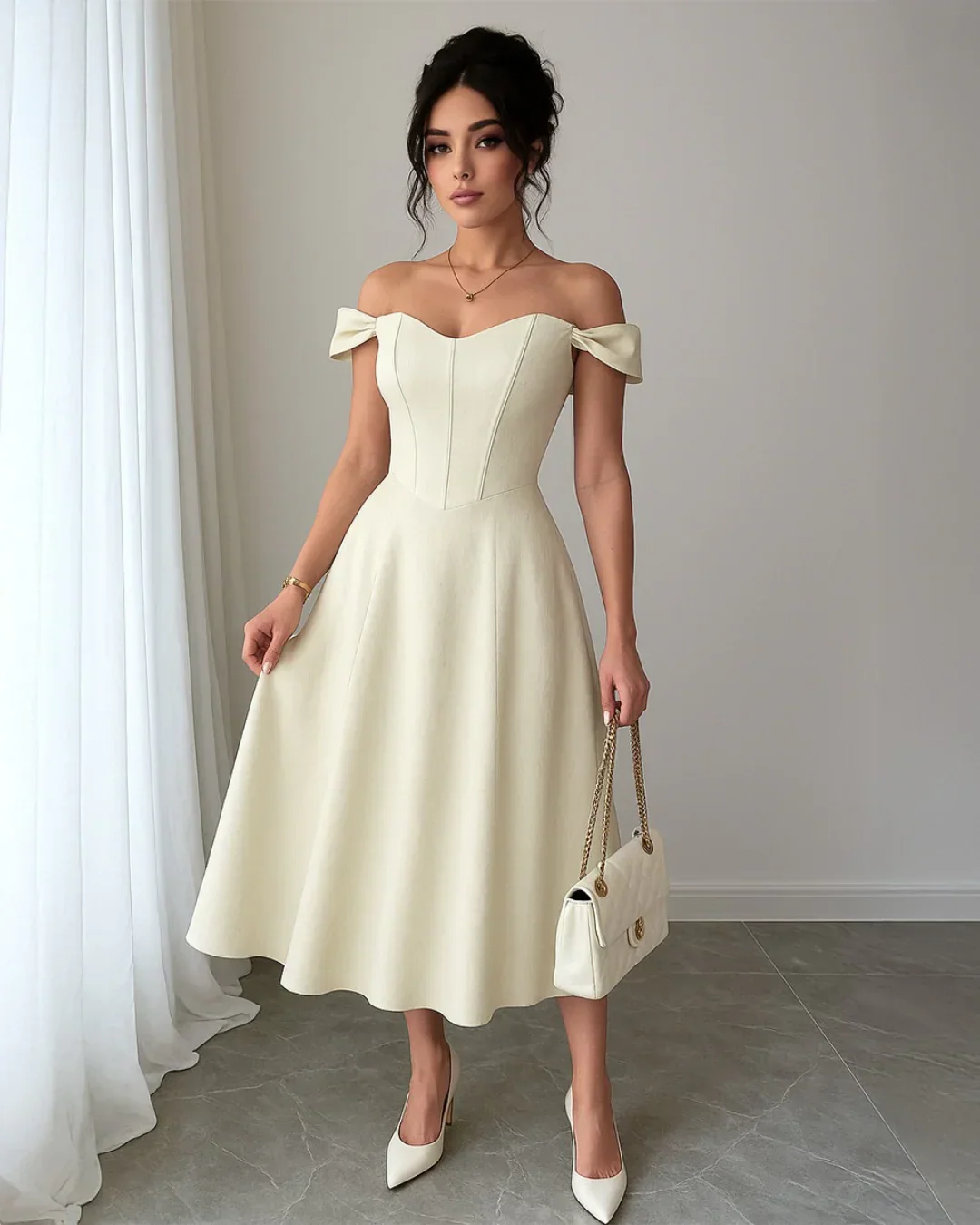 Cream Faux Fishbone Design Romantic Off-Shoulder Dress - Image 2