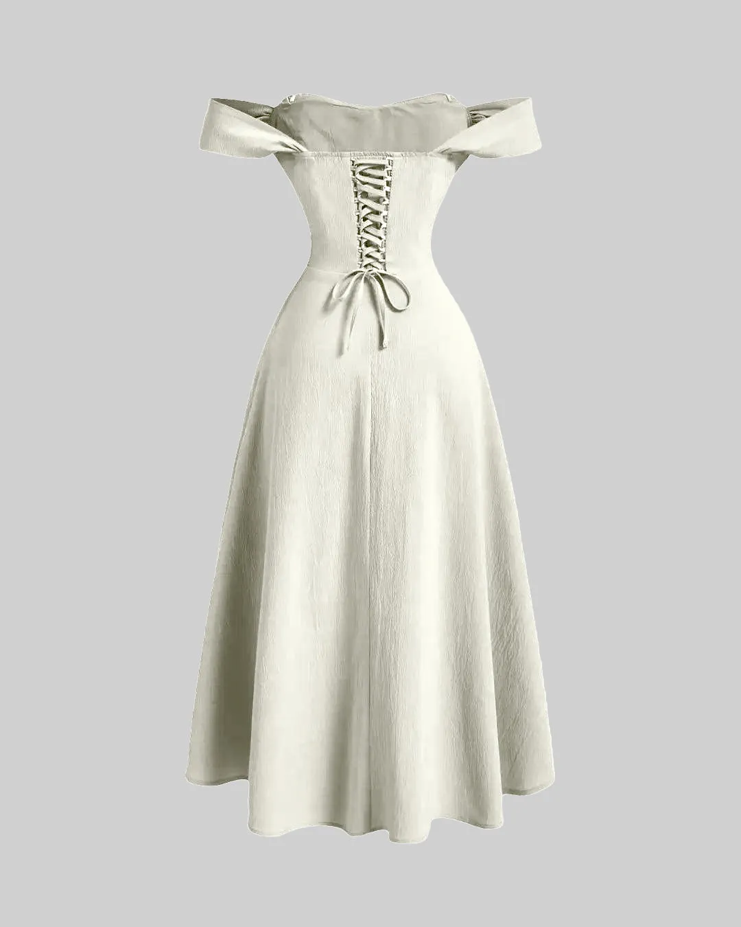 Cream Faux Fishbone Design Romantic Off-Shoulder Dress - Image 3