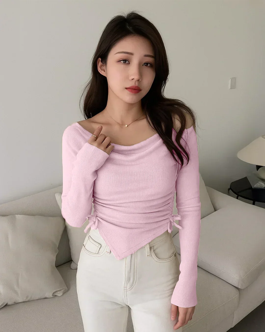 Casual Cowl Neck Ruched Side Tie Long Sleeve Top in Light Pink - Image 3