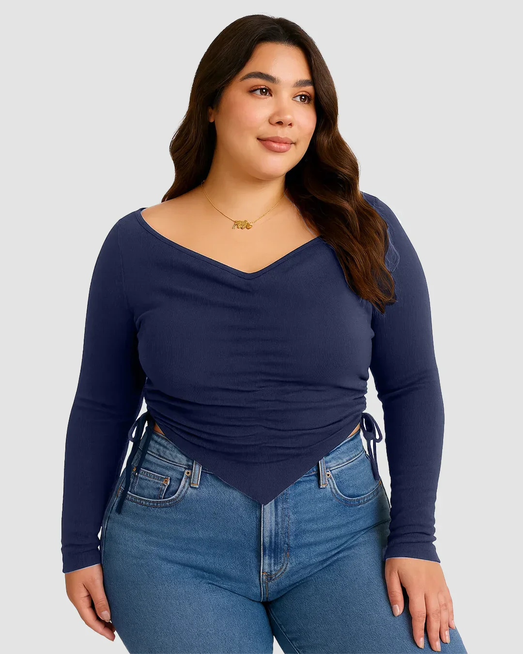 Crew Neck Cinched Waist Asymmetrical Long Sleeve Top In Navy Blue Curve & Plus - Image 3