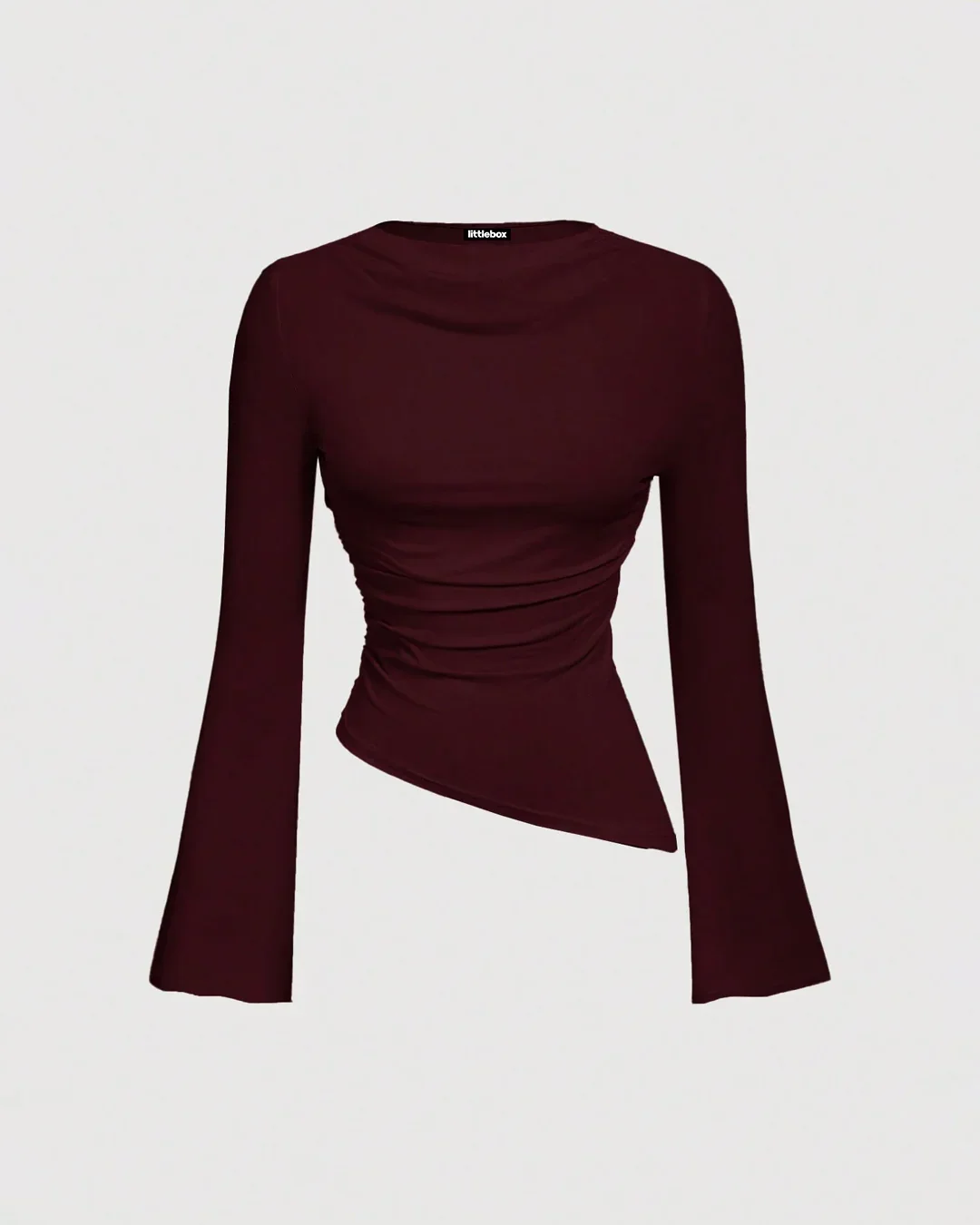 Crew Neck Ruched Flare Sleeve Asymmetric Hem Top in Maroon