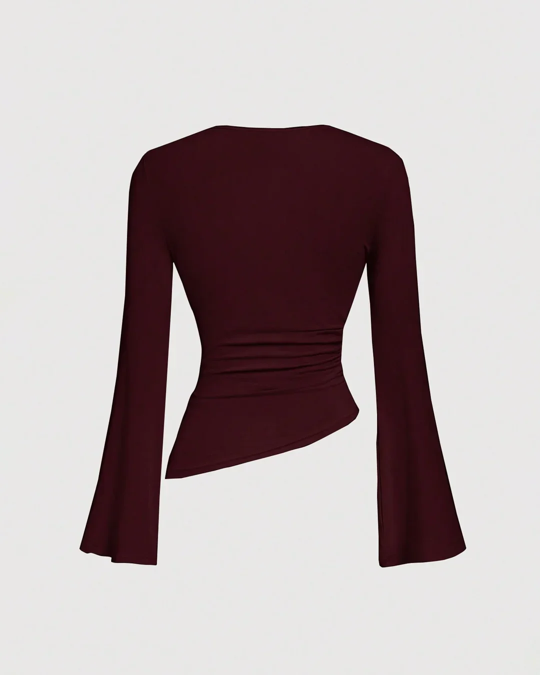 Crew Neck Ruched Flare Sleeve Asymmetric Hem Top in Maroon - Image 2