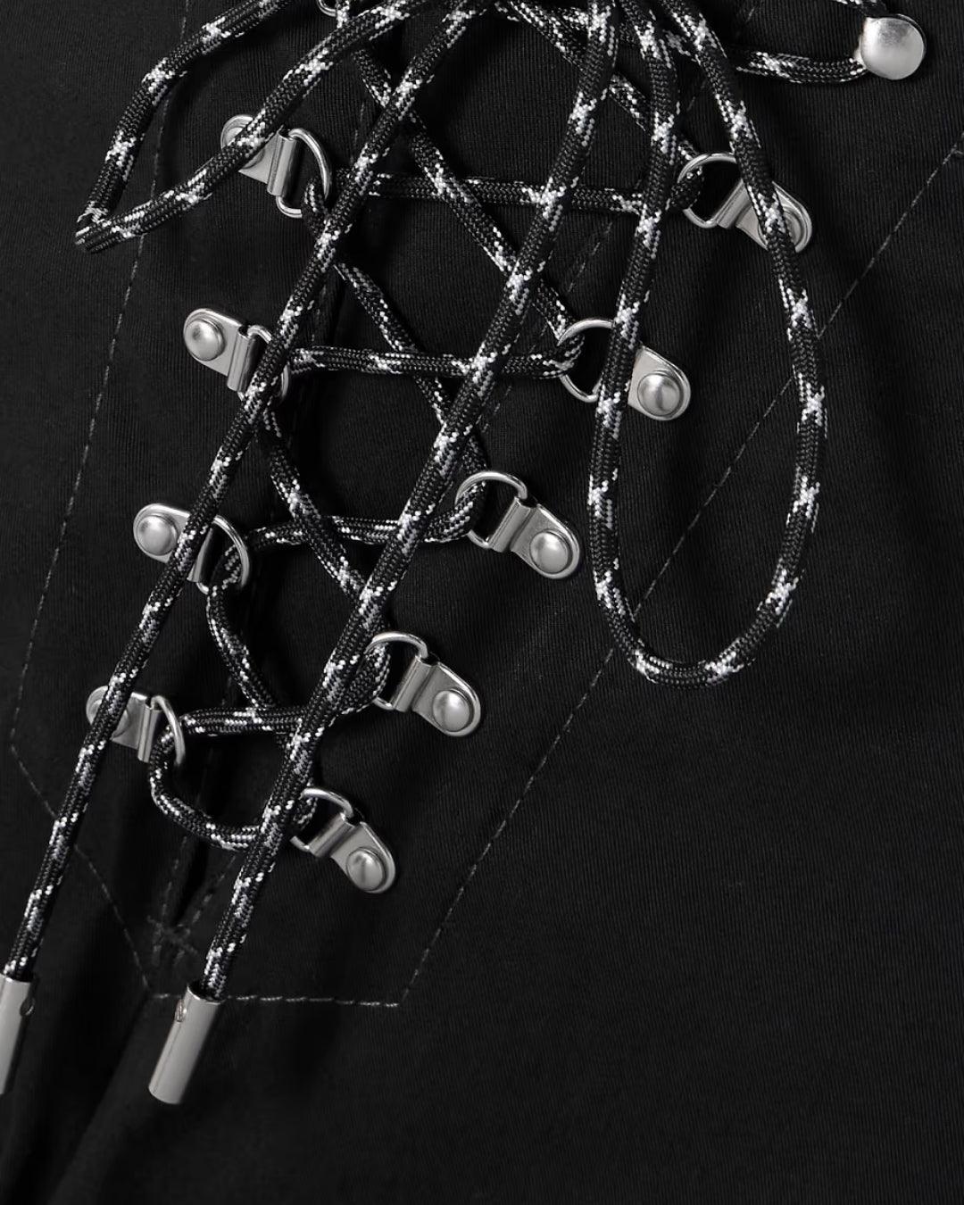 Criss Cross Lace-up Straight-Leg Mid-Rise Cargo Trousers In Black - Image 3