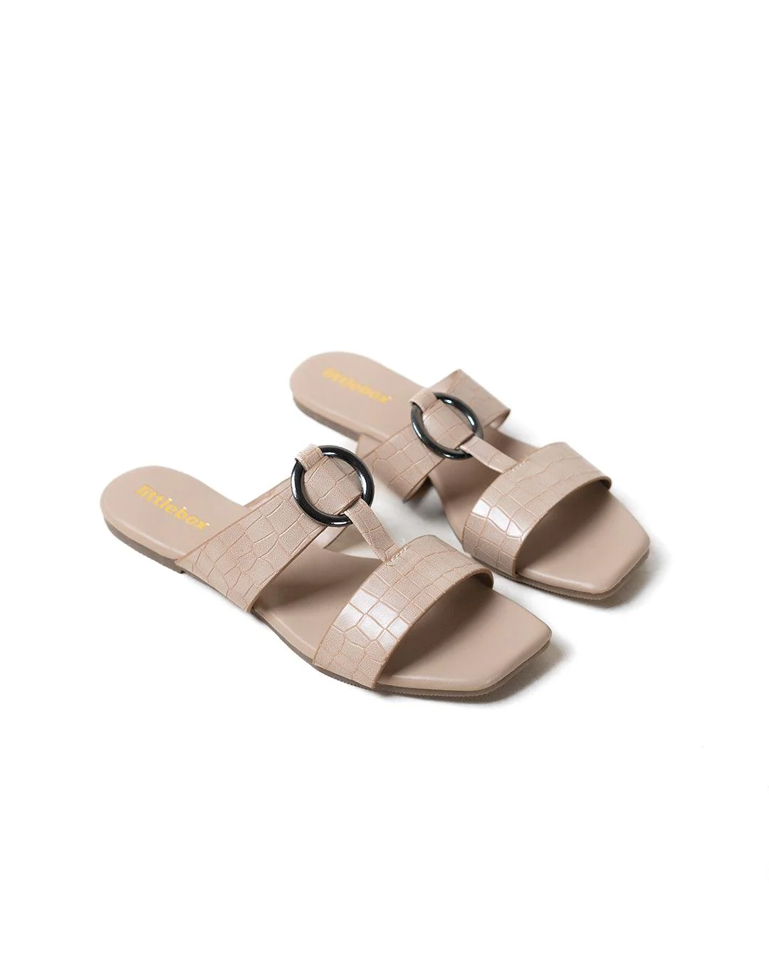 Crocodile Embossed Double Strap Buckle Detailed Flats In Beige - Image 2