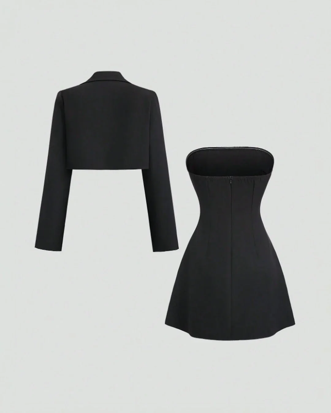 Cropped Blazer Jacket with Strapless Slim Fit Dress Two Piece Set in Black - Image 2