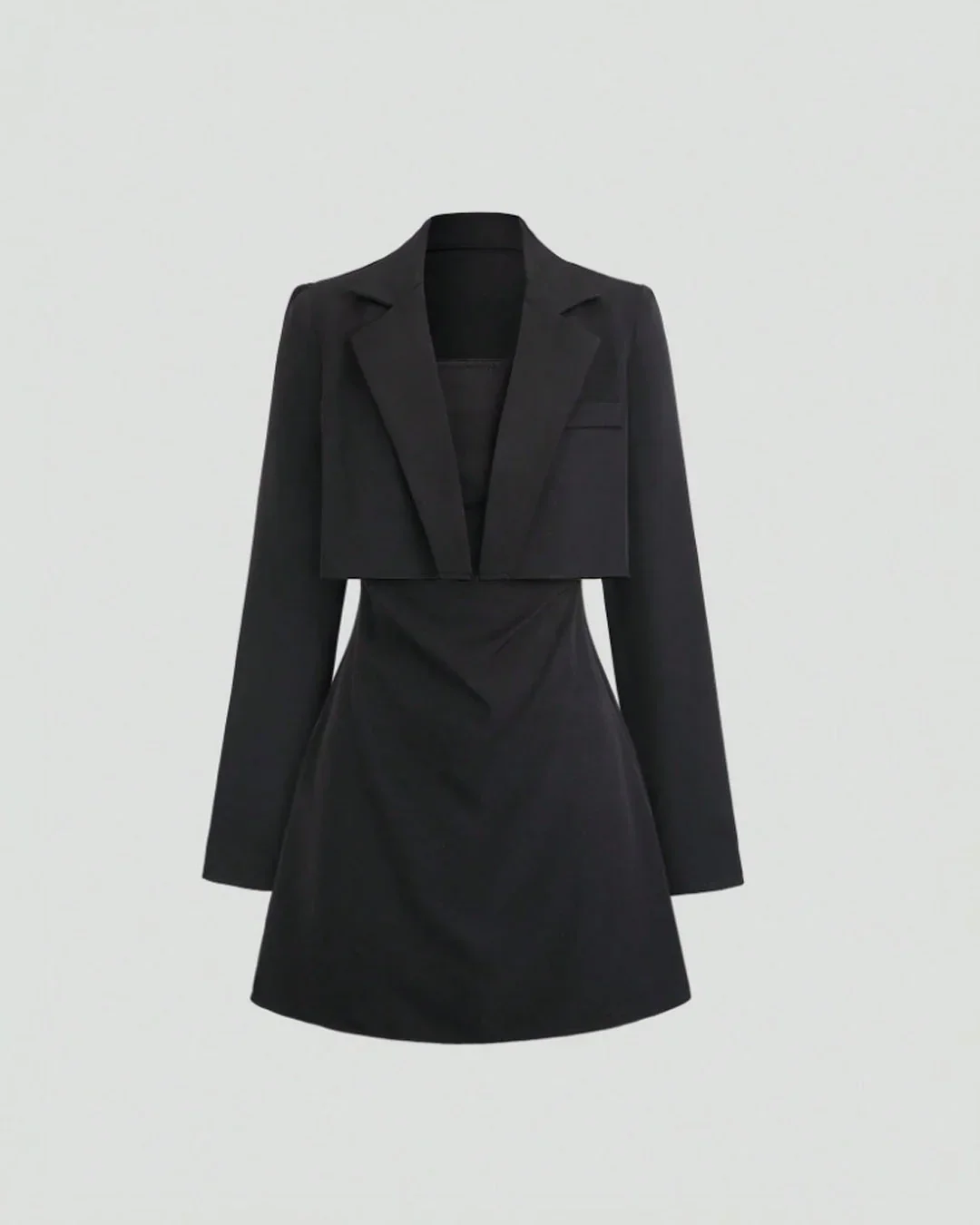 Cropped Blazer Jacket with Strapless Slim Fit Dress Two Piece Set in Black - Image 3