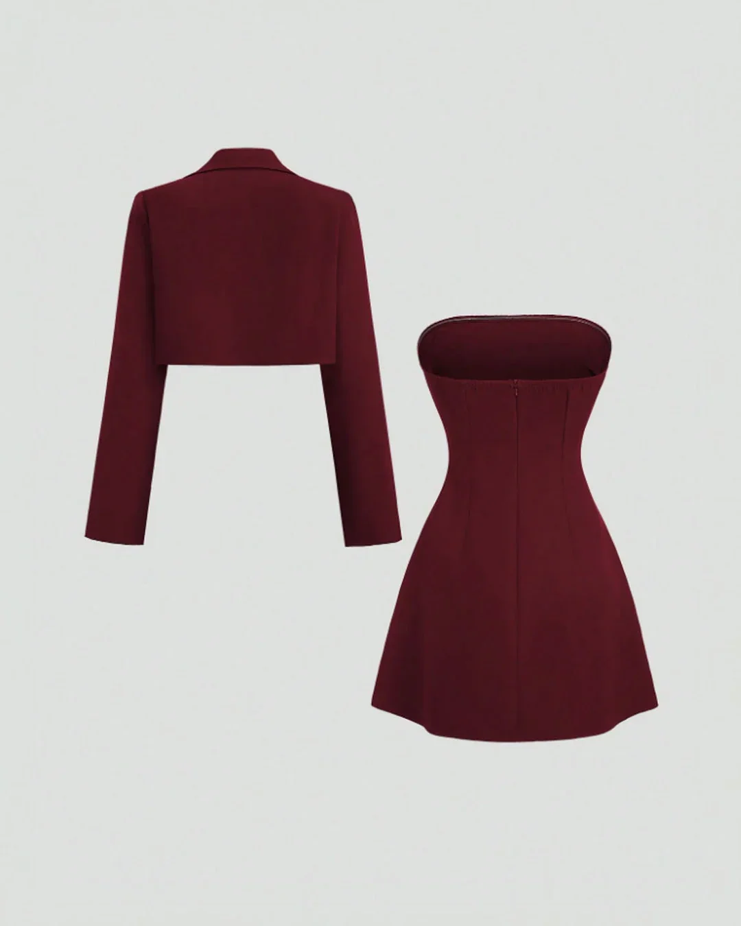 Cropped Blazer Jacket with Strapless Slim Fit Dress Two Piece Set in Merlot - Image 2