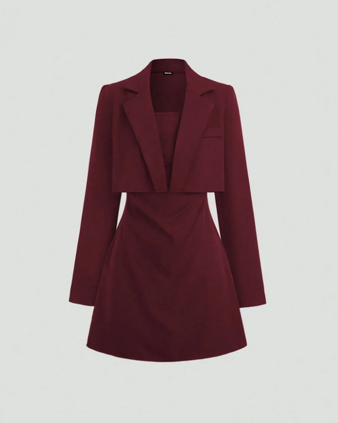Cropped Blazer Jacket with Strapless Slim Fit Dress Two Piece Set in Merlot - Image 3