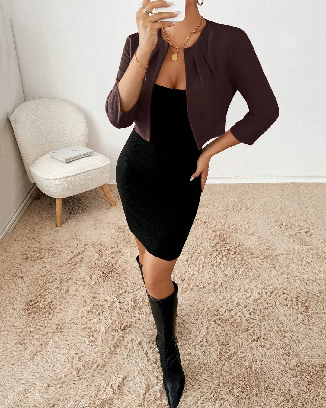 Cropped Open Front Structured Blazer Top in Chocolate - Image 2