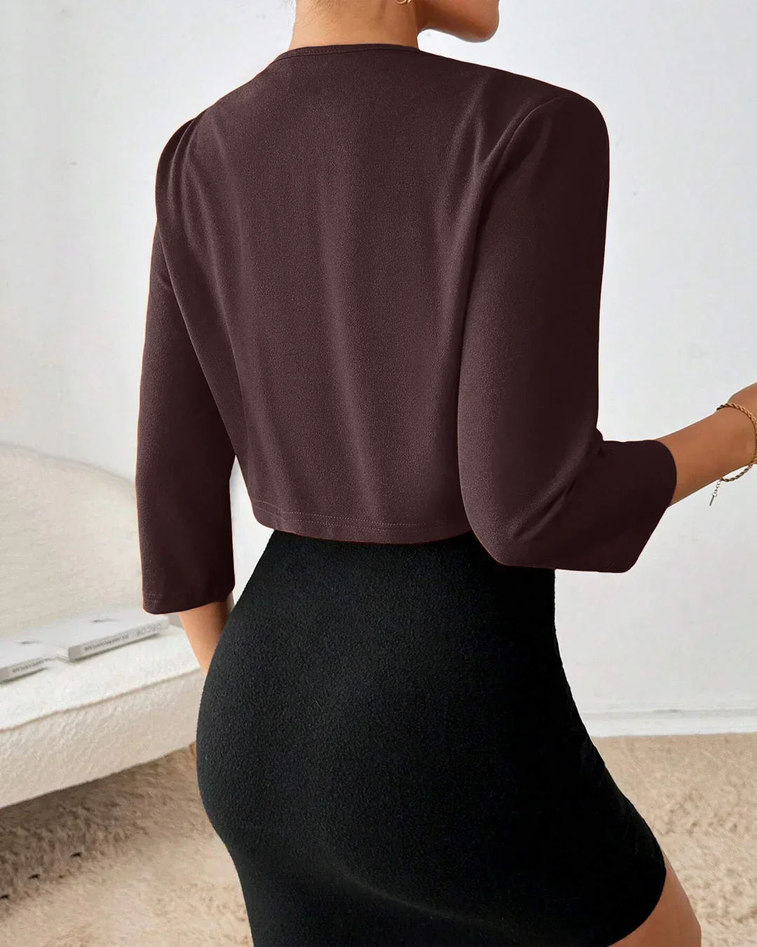 Cropped Open Front Structured Blazer Top in Chocolate - Image 3