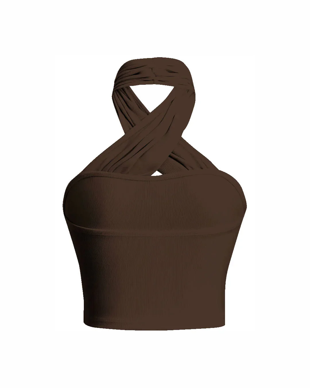 Cross-Folded Neckline Halter Backless Top in Chocolate Fondae - Image 2
