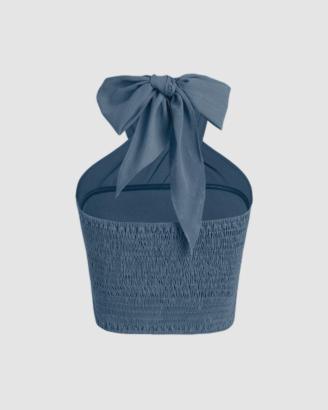 Cross Halter Shirred Back Crop Top In Blue - Image 2