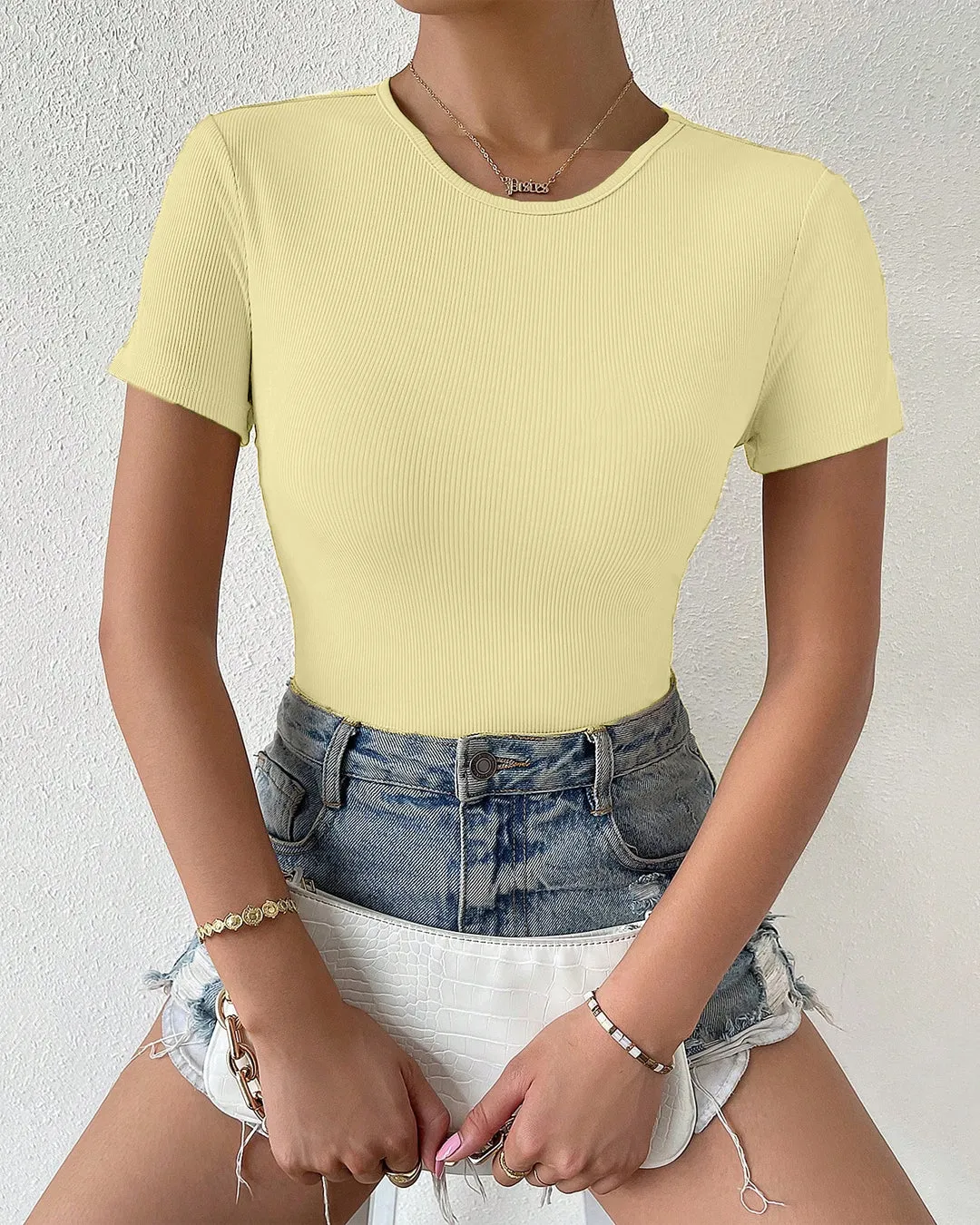 Cut Out Bow Back Short Sleeve Top in Vanilla & White - Image 2