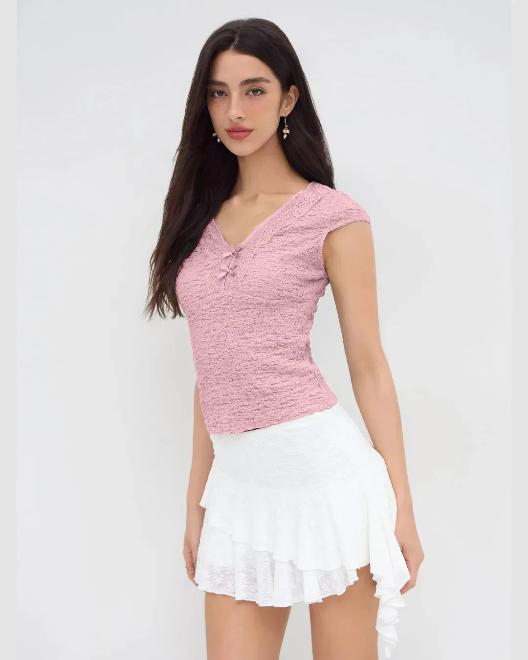 Cute V-Neck Bow Detail Tee in Baby Pink - Image 3