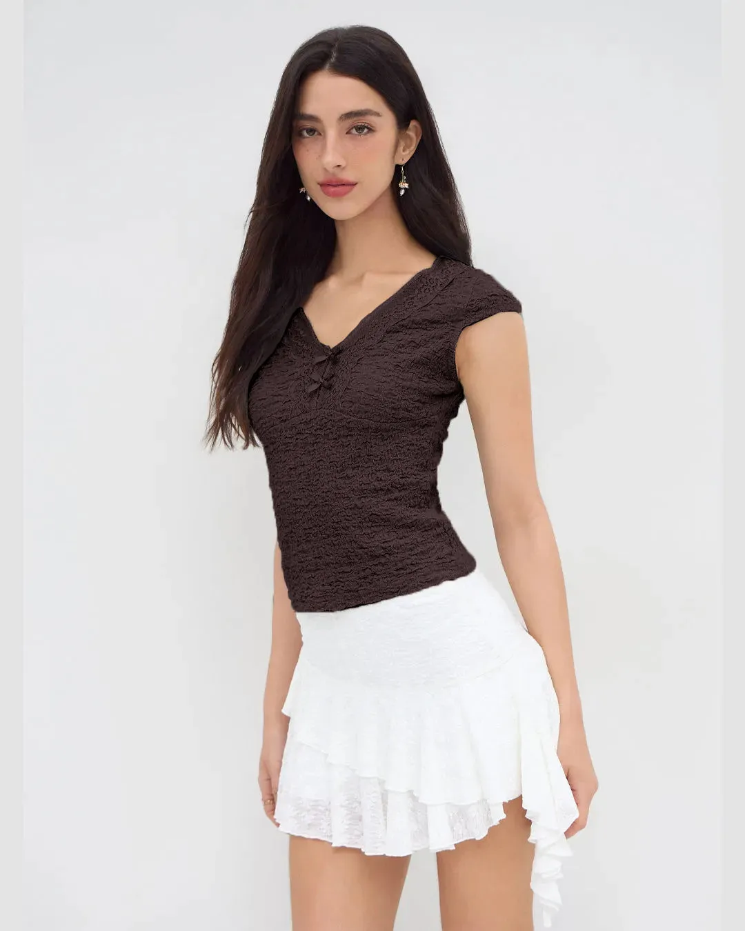 Cute V-Neck Bow Detail Tee in Brown - Image 4