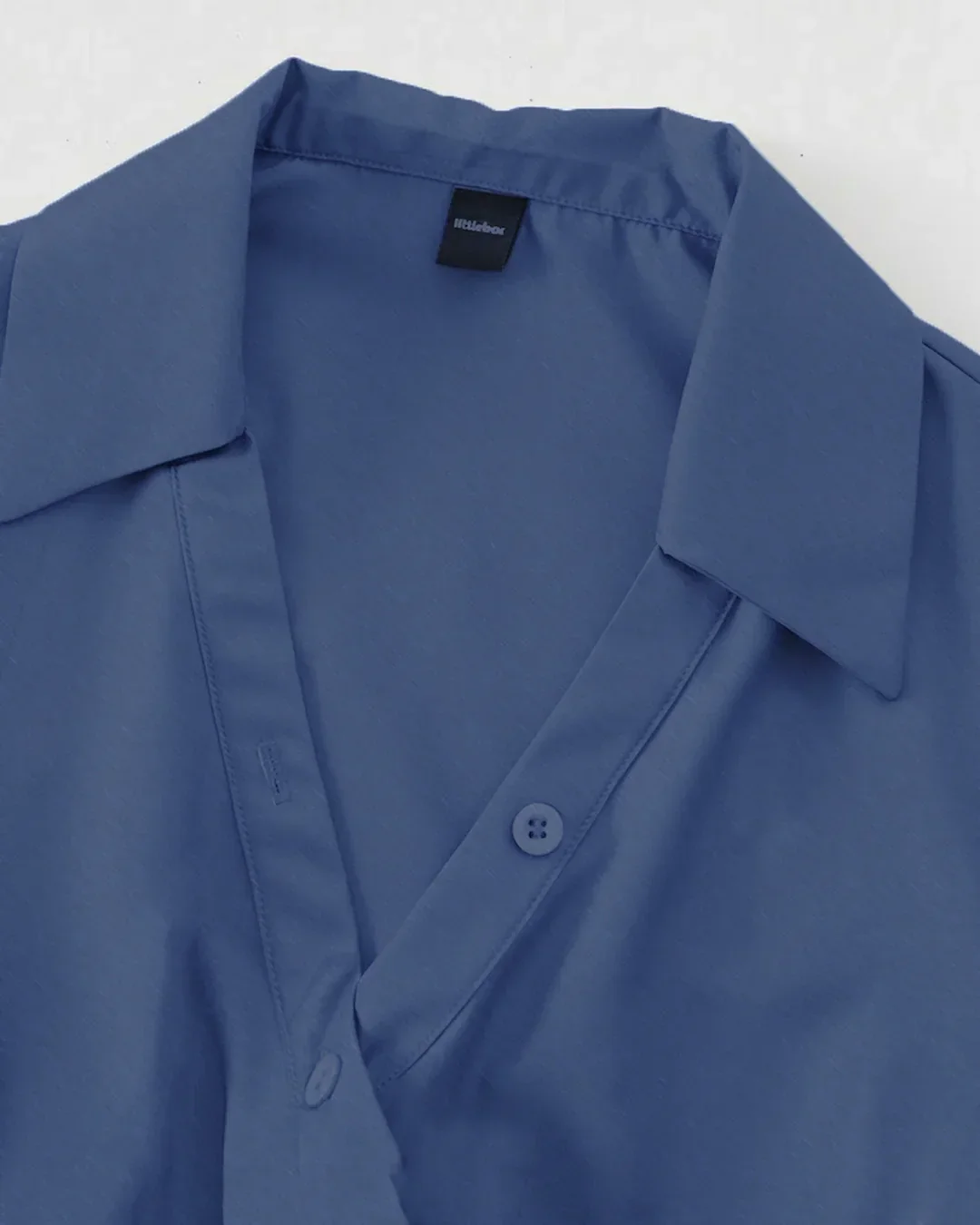 Dark Blue Solid Collared Wrap Full Sleeve Mini Dress - Image 3