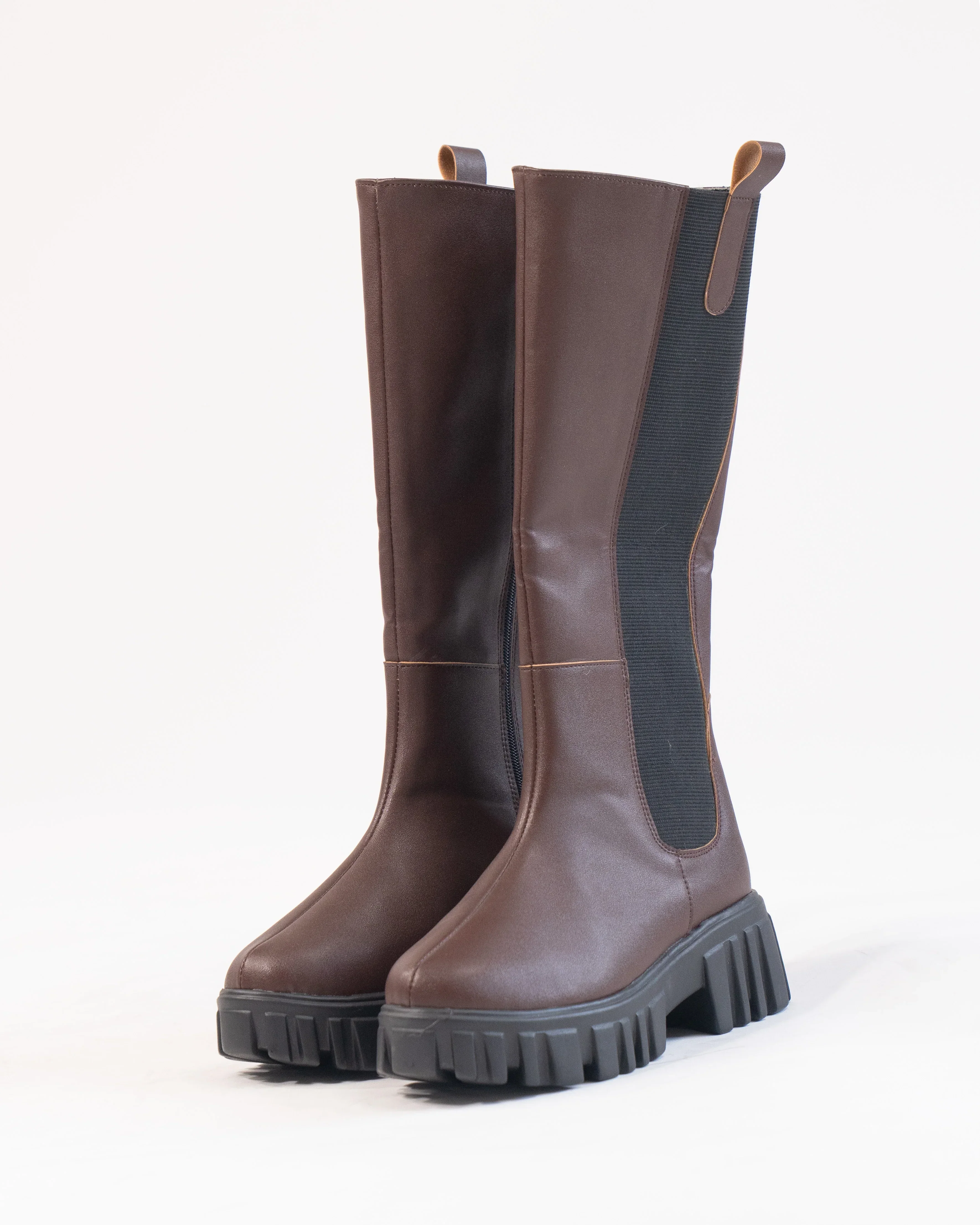 Dark Brown Patent Slip-On Mid Calf Pull On Riding Boots - Image 3