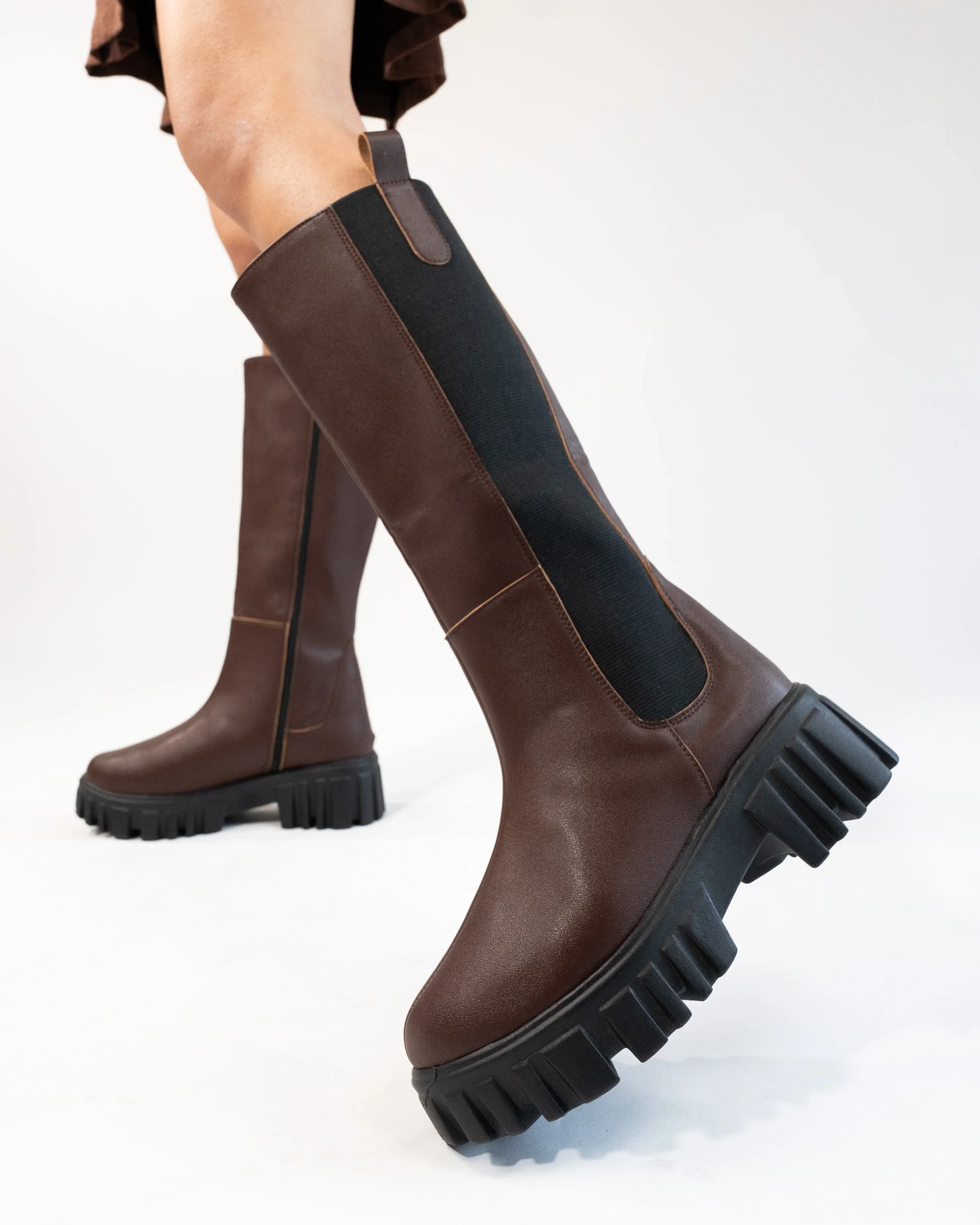 Dark Brown Patent Slip-On Mid Calf Pull On Riding Boots - Image 4