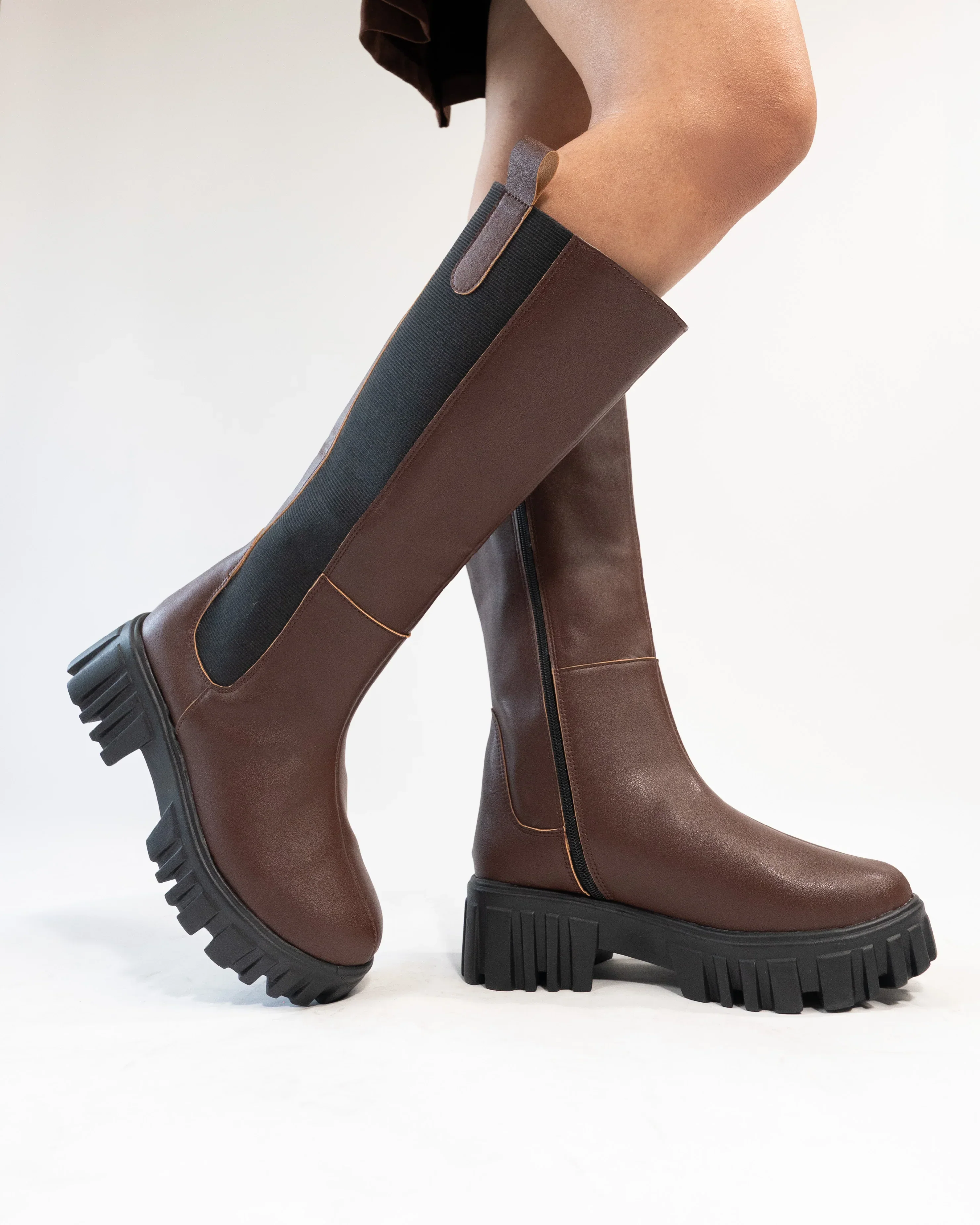 Dark Brown Patent Slip-On Mid Calf Pull On Riding Boots - Image 5